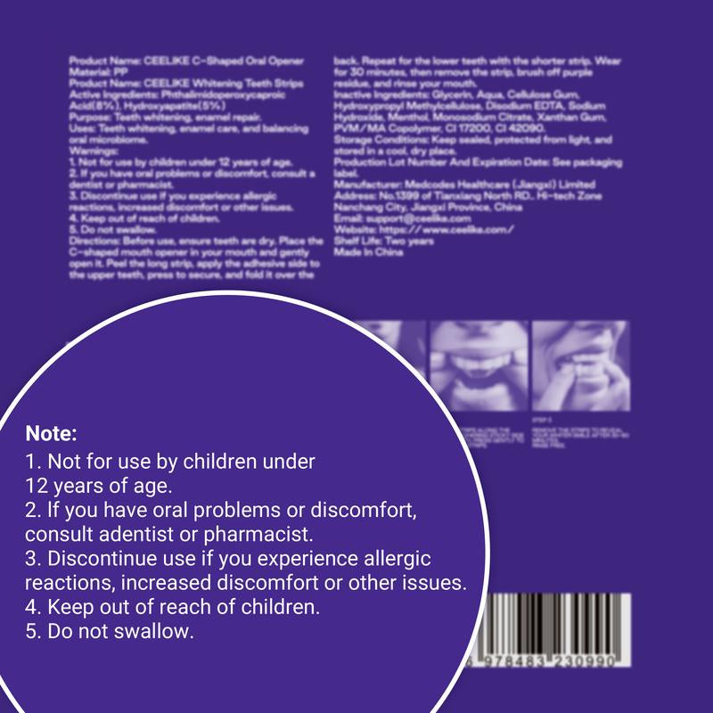 CEELIKE Nano-Hydroxyapatite Purple Strips: Enamel-Safe Whitening Treatment for Sensitive Teeth – Peroxide-Free – 7/21 Sessions